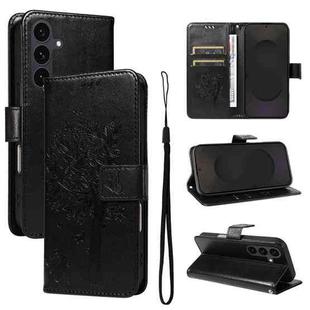 For Samsung Galaxy S25 FE 5G Tree & Cat Embossed Pattern Flip Leather Phone Case(Black)