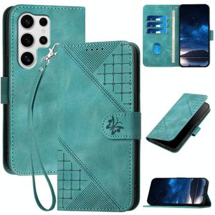 For Samsung Galaxy S25 Ultra 5G YX0080 Grid Butterfly Embossed Pattern Flip Leather Phone Case with Lanyard(Light Blue)