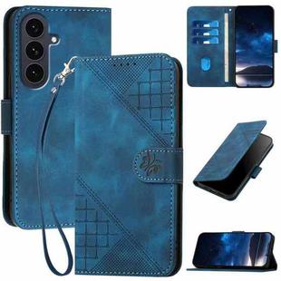 For Samsung Galaxy S25 FE 5G Grid Butterfly Embossed Pattern Leather Phone Case with Lanyard(Dark Blue)
