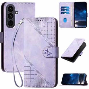 For Samsung Galaxy S25 FE 5G Grid Butterfly Embossed Pattern Leather Phone Case with Lanyard(Light Purple)