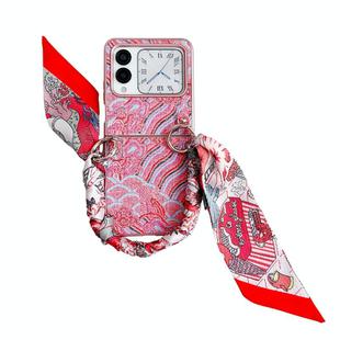 For Huawei nova Flip Propitious Clouds Embroidery Full Coverage Phone Case with Scarf / Bracelet(Red)