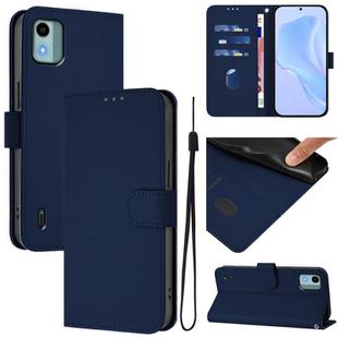 For Nokia C12 Skin Feel Solid Color Leather Phone Case with Lanyard(Navy Blue)