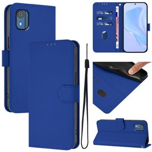 For Nokia C02 Skin Feel Solid Color Leather Phone Case with Lanyard(Dark Blue)