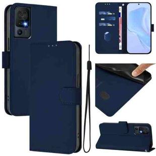 For TCL 40 SE Skin Feel Solid Color Leather Phone Case with Lanyard(Navy Blue)