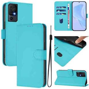 For TCL 40 SE Skin Feel Solid Color Leather Phone Case with Lanyard(Lake Blue)