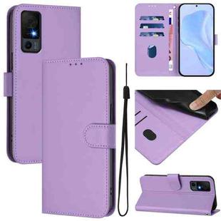 For TCL 40 XL / 40 T T608DL Skin Feel Solid Color Leather Phone Case with Lanyard(Lavender Purple)