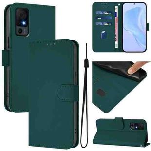 For TCL 40 XL / 40 T T608DL Skin Feel Solid Color Leather Phone Case with Lanyard(Dark Green)