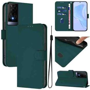 For TCL 50 XE Skin Feel Solid Color Leather Phone Case with Lanyard(Dark Green)