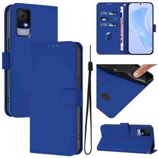 For TCL 405 / 406 / 408 Skin Feel Solid Color Leather Phone Case with Lanyard(Dark Blue)