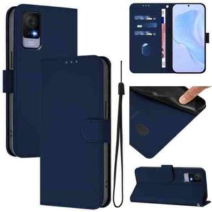 For TCL 405 / 406 / 408 Skin Feel Solid Color Leather Phone Case with Lanyard(Navy Blue)