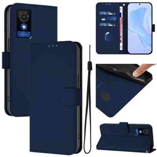 For TCL 501 Skin Feel Solid Color Leather Phone Case with Lanyard(Navy Blue)