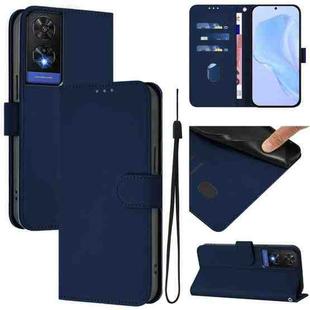 For TCL 505 Skin Feel Solid Color Leather Phone Case with Lanyard(Navy Blue)