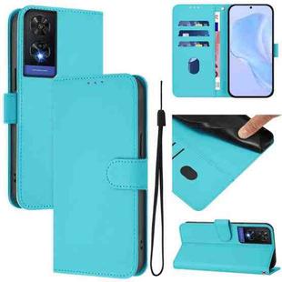 For TCL 505 Skin Feel Solid Color Leather Phone Case with Lanyard(Lake Blue)