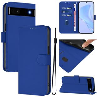 For Google Pixel 6a Skin Feel Solid Color Leather Phone Case with Lanyard(Dark Blue)