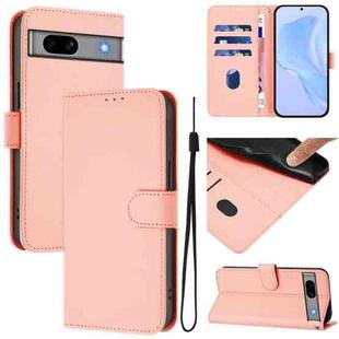 For Google Pixel 7a Skin Feel Solid Color Leather Phone Case with Lanyard(Pink)