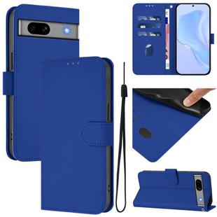 For Google Pixel 7a Skin Feel Solid Color Leather Phone Case with Lanyard(Dark Blue)