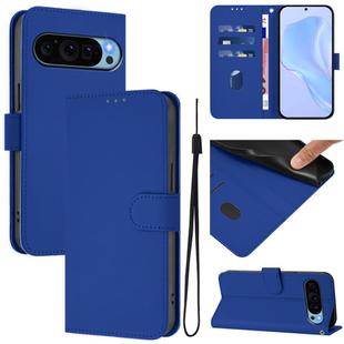 For Google Pixel 9 / Pixel 9 Pro Skin Feel Solid Color Leather Phone Case with Lanyard(Dark Blue)