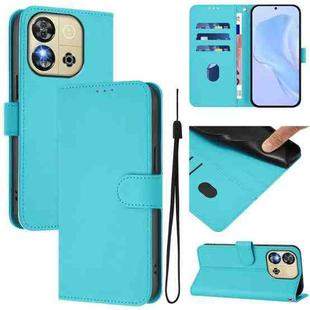 For Oukitel C57s Skin Feel Solid Color Leather Phone Case with Lanyard(Lake Blue)