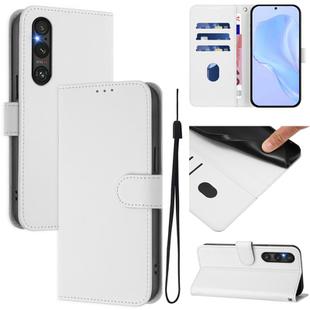 For Sony Xperia 1 V 2023 Skin Feel Solid Color Leather Phone Case with Lanyard(White)