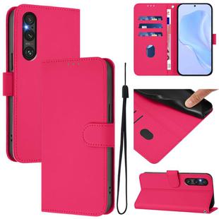 For Sony Xperia 1 V 2023 Skin Feel Solid Color Leather Phone Case with Lanyard(Rose Red)