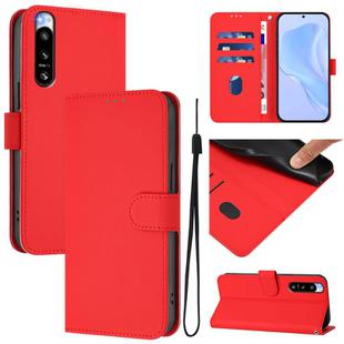 For Sony Xperia 5 IV Skin Feel Solid Color Leather Phone Case with Lanyard(Red)