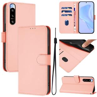 For Sony Xperia 5 IV Skin Feel Solid Color Leather Phone Case with Lanyard(Pink)