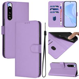 For Sony Xperia 5 IV Skin Feel Solid Color Leather Phone Case with Lanyard(Lavender Purple)