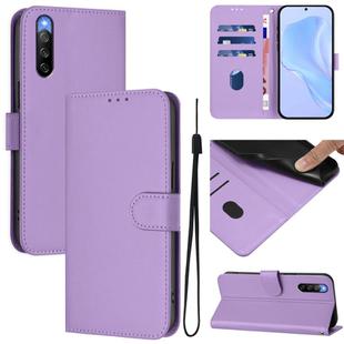 For Sony Xperia 10 IV Skin Feel Solid Color Leather Phone Case with Lanyard(Lavender Purple)