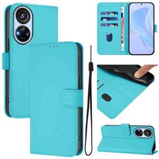 For ZTE Blade V40s Skin Feel Solid Color Leather Phone Case with Lanyard(Lake Blue)