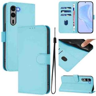 For Fujitsu Arrows We2 Plus / F-51E-51E Skin Feel Solid Color Leather Phone Case with Lanyard(Sky Blue)