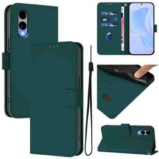 For Fujitsu Arrows We2 / F-52E Skin Feel Solid Color Leather Phone Case with Lanyard(Dark Green)