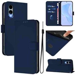 For Fujitsu Arrows We2 / F-52E Skin Feel Solid Color Leather Phone Case with Lanyard(Navy Blue)