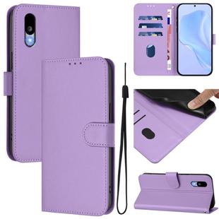 For Sharp Basio Active3 Skin Feel Solid Color Leather Phone Case with Lanyard(Lavender Purple)