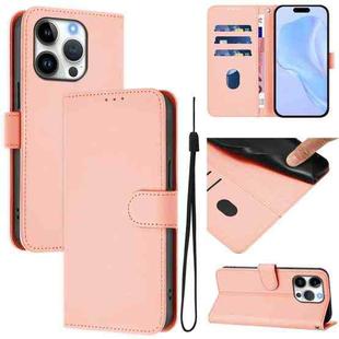 For iPhone 16 Pro Skin Feel Solid Color Leather Phone Case with Lanyard(Pink)