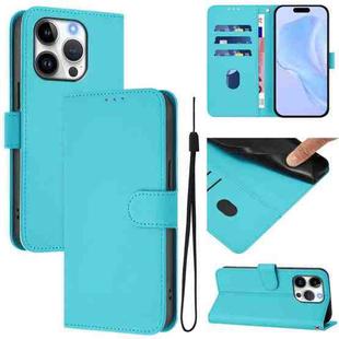 For iPhone 16 Pro Skin Feel Solid Color Leather Phone Case with Lanyard(Lake Blue)