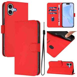 For iPhone 16 Plus Skin Feel Solid Color Leather Phone Case with Lanyard(Red)