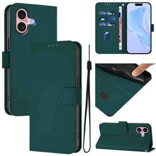For iPhone 16 Skin Feel Solid Color Leather Phone Case with Lanyard(Dark Green)