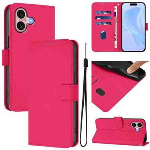 For iPhone 16 Skin Feel Solid Color Leather Phone Case with Lanyard(Rose Red)