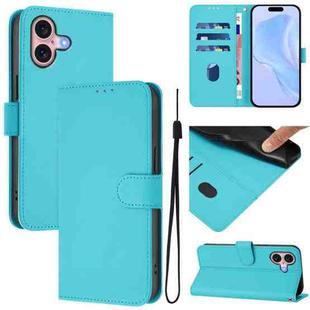 For iPhone 16 Skin Feel Solid Color Leather Phone Case with Lanyard(Lake Blue)