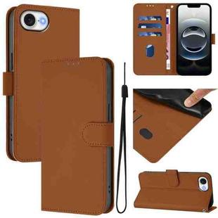 For iPhone 16e Skin Feel Solid Color Leather Phone Case with Lanyard(Brown)