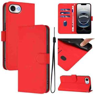 For iPhone 16e Skin Feel Solid Color Leather Phone Case with Lanyard(Red)