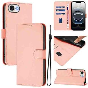 For iPhone 16e Skin Feel Solid Color Leather Phone Case with Lanyard(Pink)