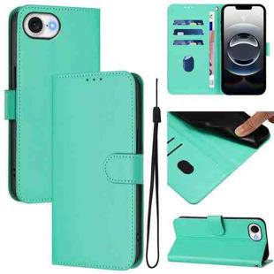 For iPhone 16e Skin Feel Solid Color Leather Phone Case with Lanyard(Green)