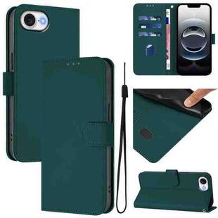 For iPhone 16e Skin Feel Solid Color Leather Phone Case with Lanyard(Dark Green)