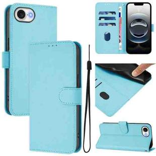 For iPhone 16e Skin Feel Solid Color Leather Phone Case with Lanyard(Sky Blue)