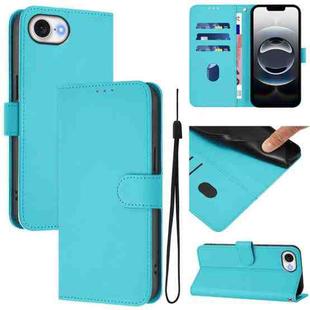 For iPhone 16e Skin Feel Solid Color Leather Phone Case with Lanyard(Lake Blue)