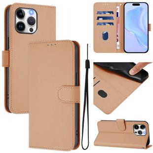 For iPhone 15 Pro Max Skin Feel Solid Color Leather Phone Case with Lanyard(Nude)