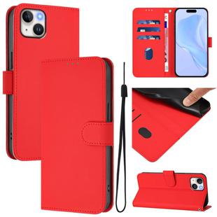 For iPhone 15 Plus Skin Feel Solid Color Leather Phone Case with Lanyard(Red)