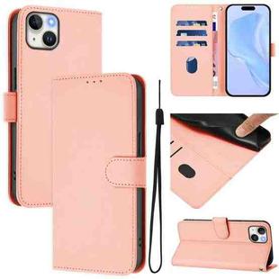 For iPhone 15 Plus Skin Feel Solid Color Leather Phone Case with Lanyard(Pink)