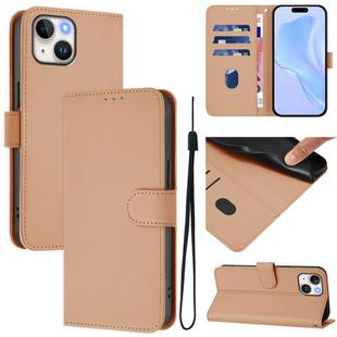 For iPhone 15 Skin Feel Solid Color Leather Phone Case with Lanyard(Nude)